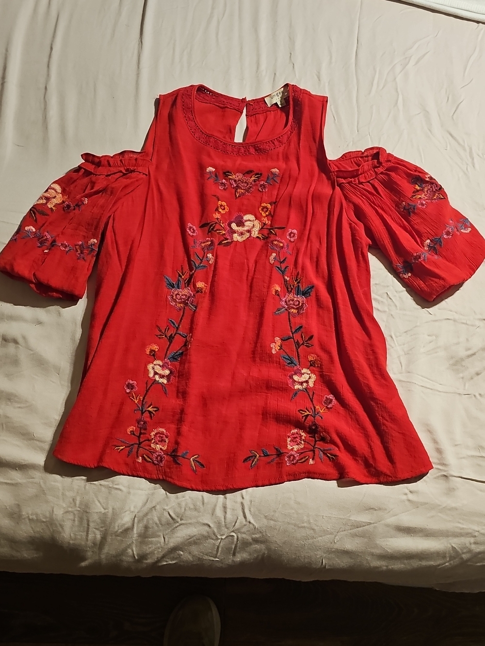 Umgee Red Embroidered Cold-Shoulder Blouse